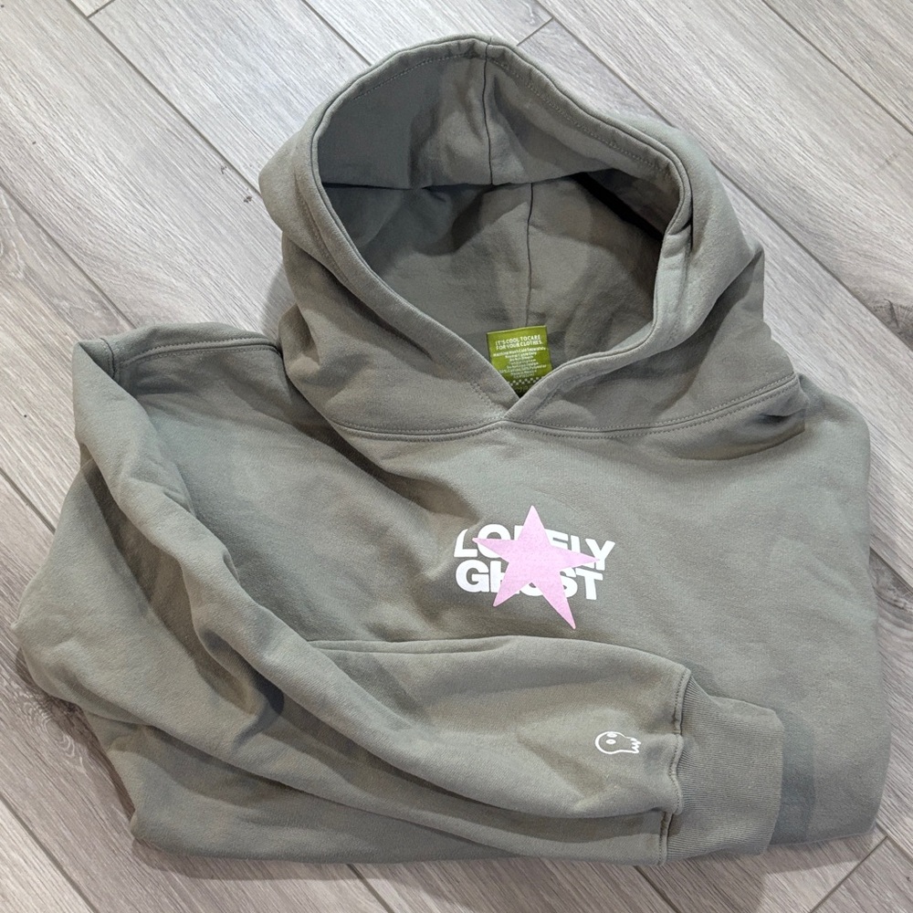 LONELY GHOST Gray Hoodie with Pink Star